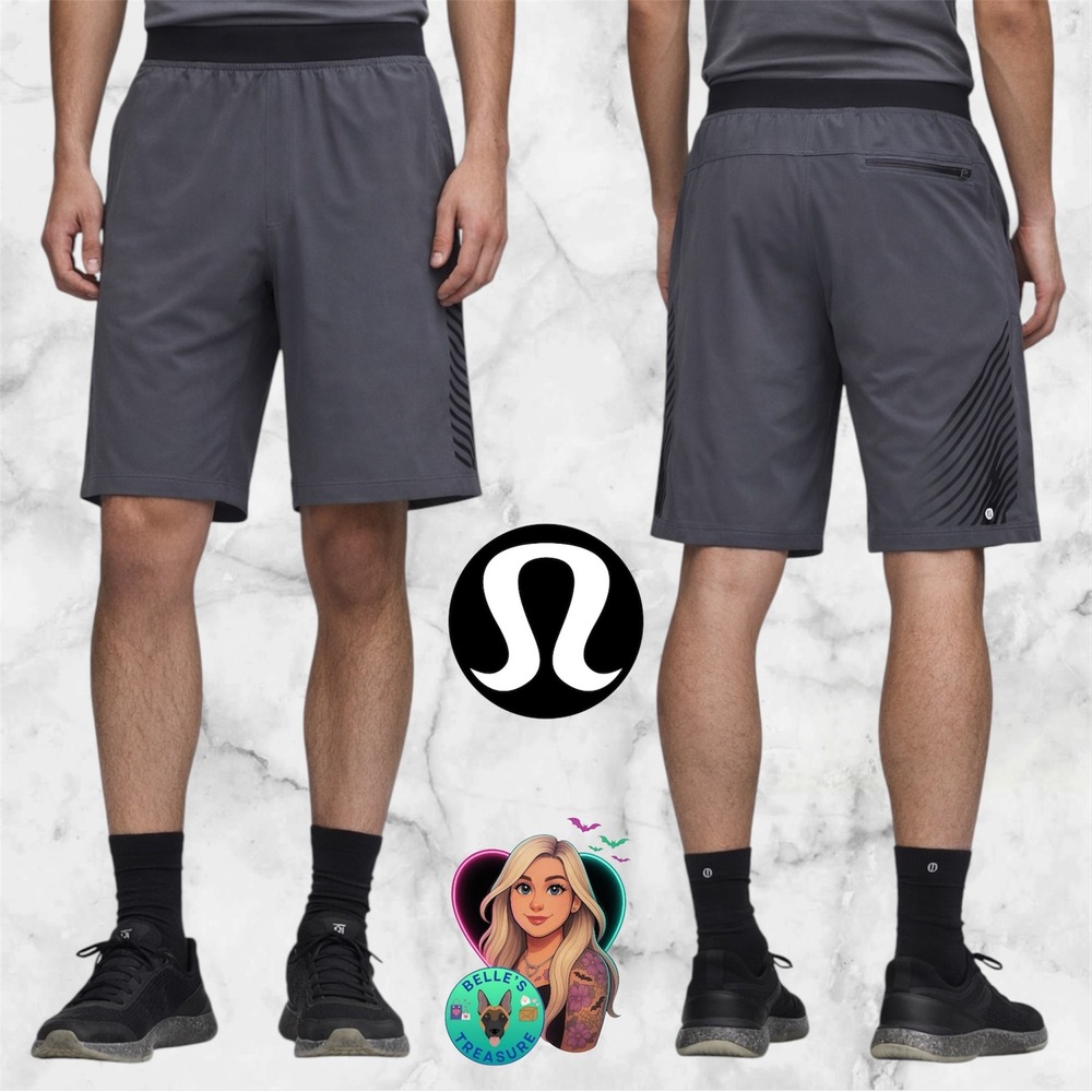 Lululemon Pace Breaker Linerless 10" Shorts Men's Large Gray Black Pockets Gym